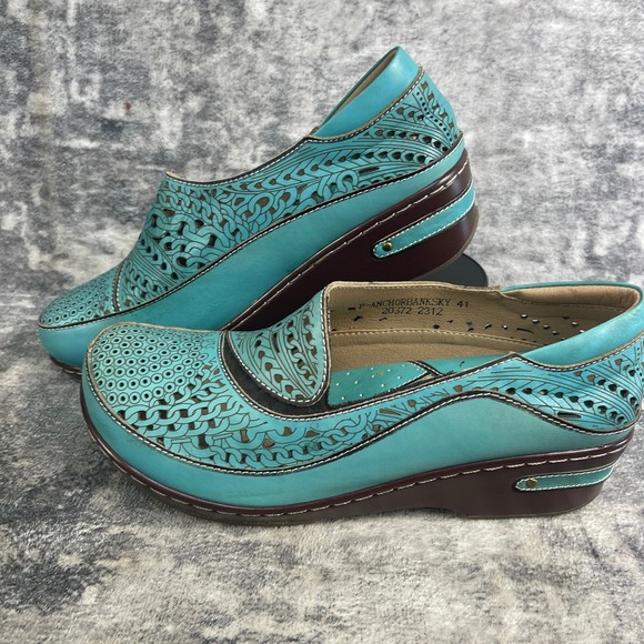 L'Artiste by Spring Step Shoes - L'Artiste Spring Step Womens 41 Hanna Slip On Loafer Perforated Floral Turquoise